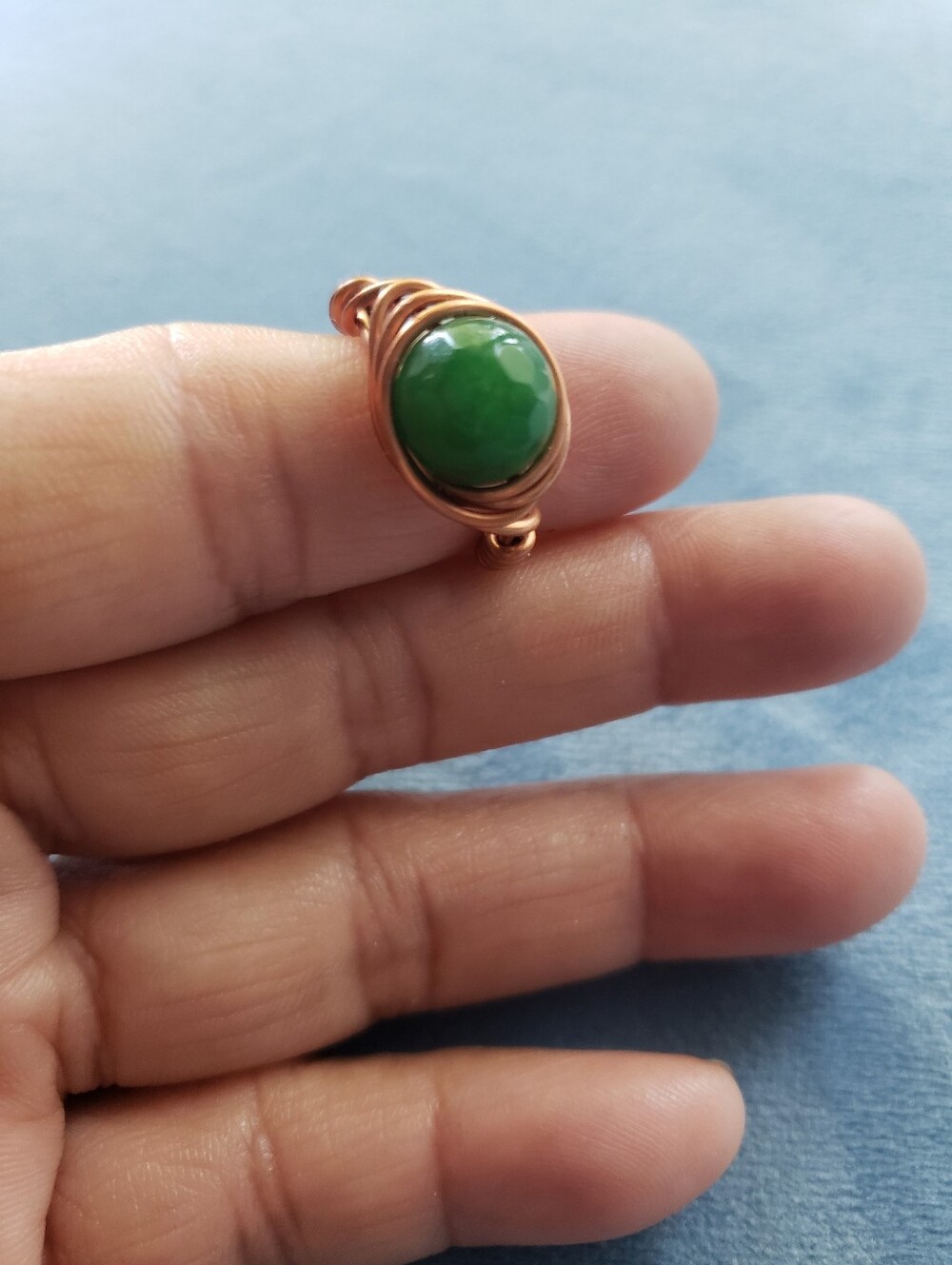 Copper Wire-Wrap Ring with Green Jade Like Stone - Women's Jewelry